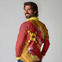 Rotuma Island Long Sleeve Polo Shirt Fijian Tapa with Polynesian Art and Hibiscus
