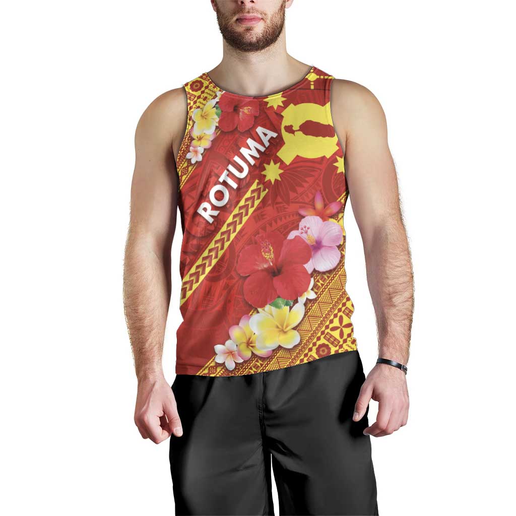 Rotuma Island Men Tank Top Fijian Tapa with Polynesian Art and Hibiscus