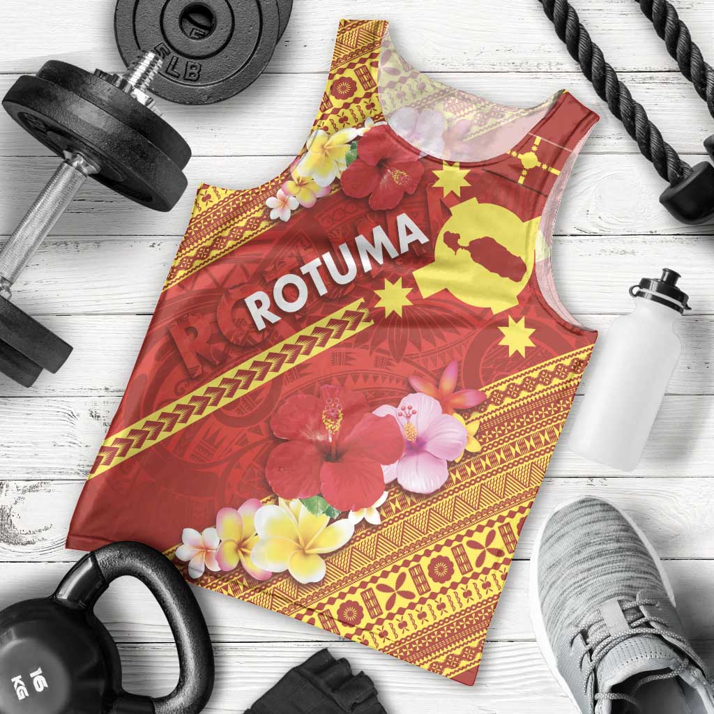 Rotuma Island Men Tank Top Fijian Tapa with Polynesian Art and Hibiscus