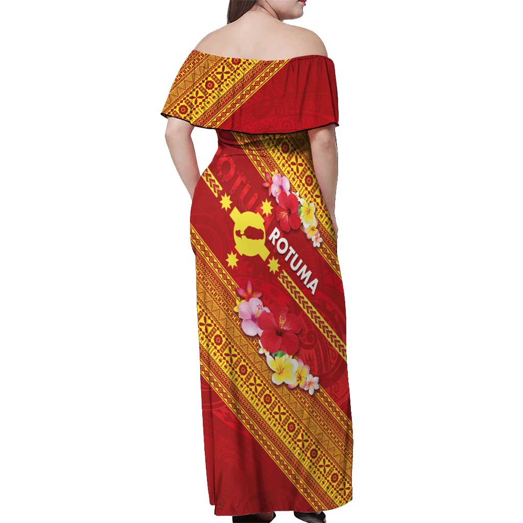 Rotuma Island Off Shoulder Maxi Dress Fijian Tapa with Polynesian Art and Hibiscus