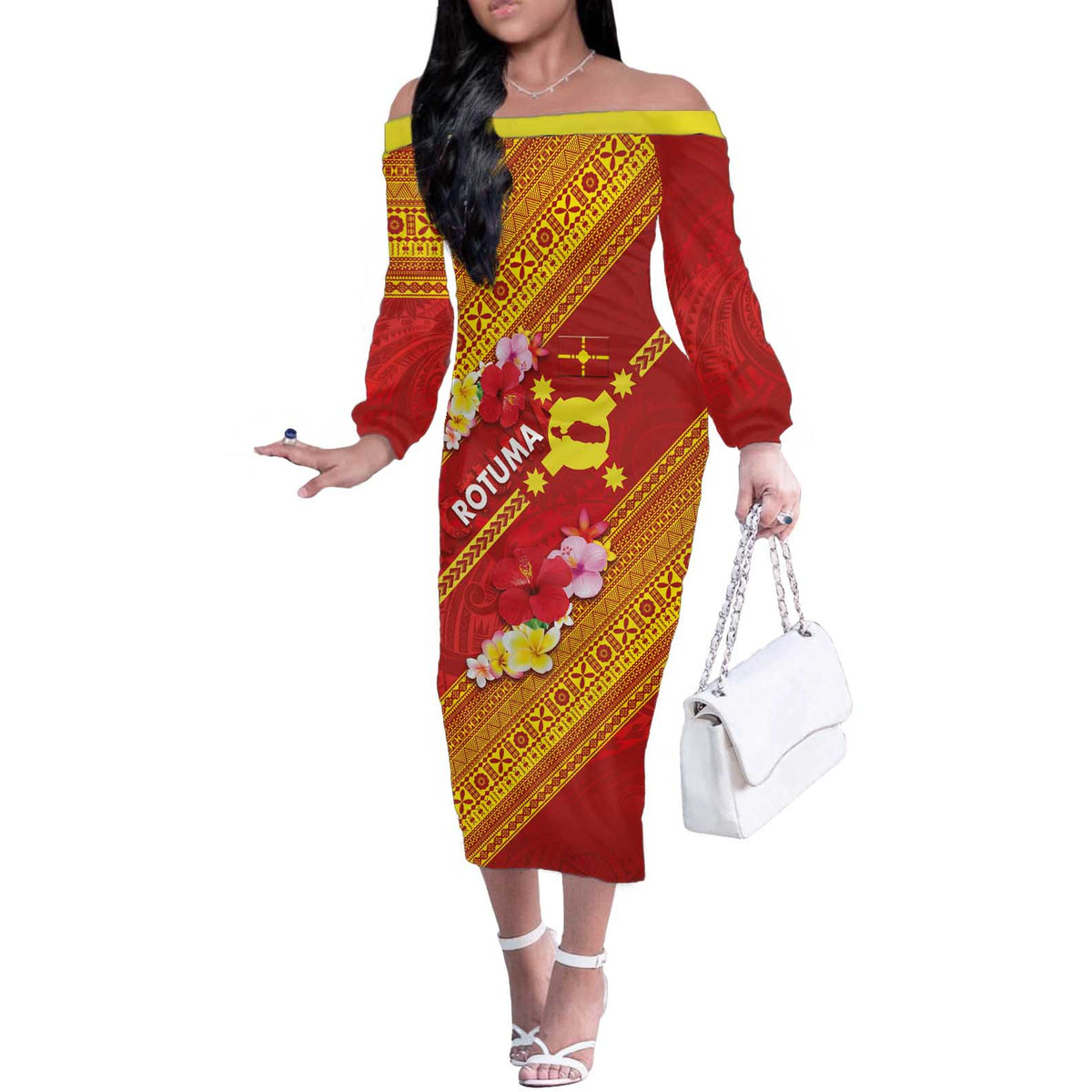 Rotuma Island Off The Shoulder Long Sleeve Dress Fijian Tapa with Polynesian Art and Hibiscus