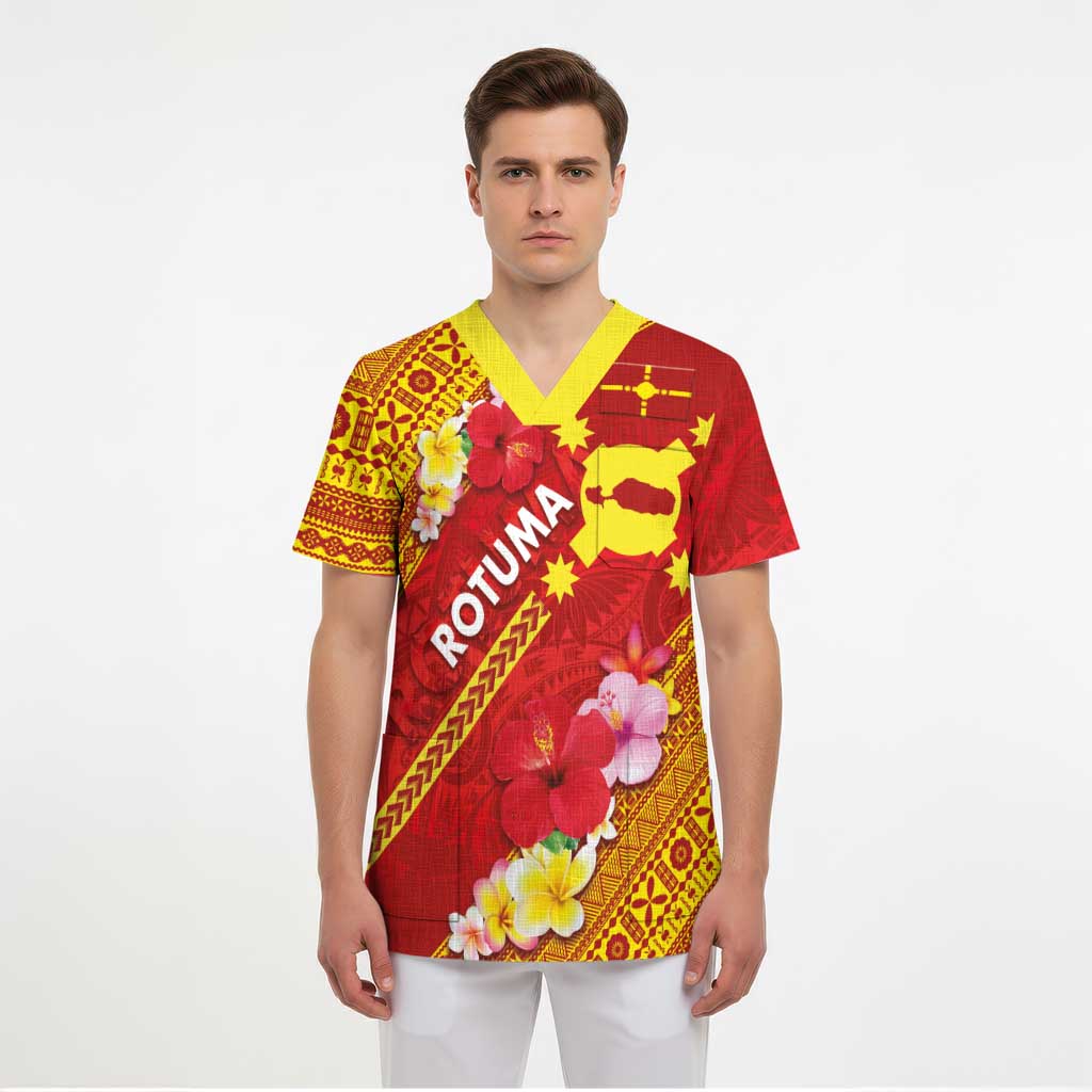 Rotuma Island Scrub Top Fijian Tapa with Polynesian Art and Hibiscus - Polynesian Pride