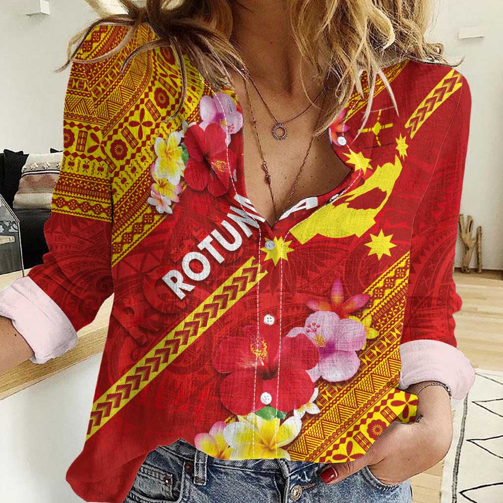Rotuma Island Women Casual Shirt Fijian Tapa with Polynesian Art and Hibiscus