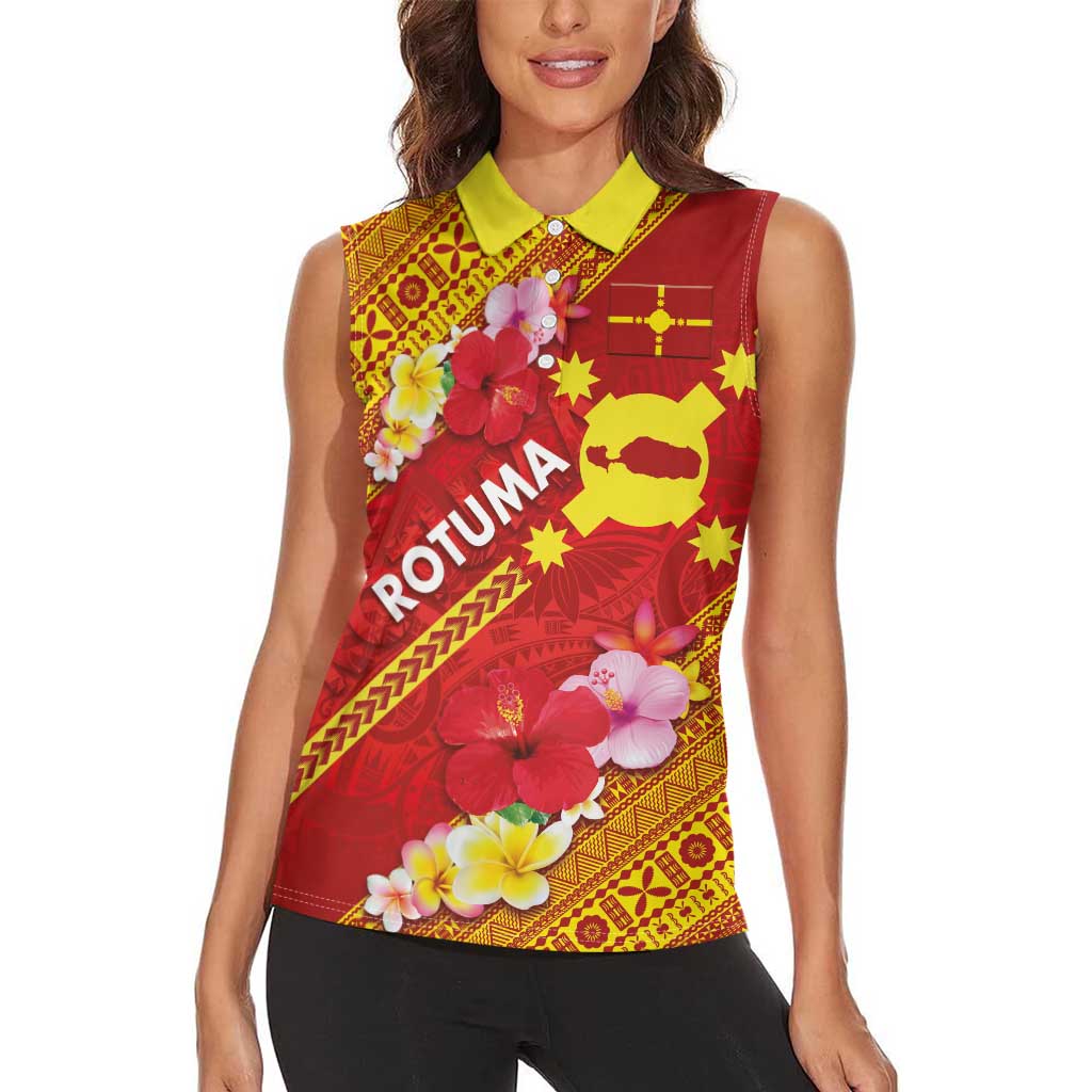 Rotuma Island Women Sleeveless Polo Shirt Fijian Tapa with Polynesian Art and Hibiscus