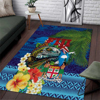 Fiji Iguana-Coat of Arms Area Rug with Hibiscus and Plumeria Palm Tree Tapa Art