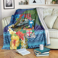 Fiji Iguana-Coat of Arms Blanket with Hibiscus and Plumeria Palm Tree Tapa Art