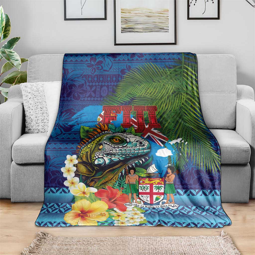 Fiji Iguana-Coat of Arms Blanket with Hibiscus and Plumeria Palm Tree Tapa Art