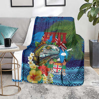Fiji Iguana-Coat of Arms Blanket with Hibiscus and Plumeria Palm Tree Tapa Art