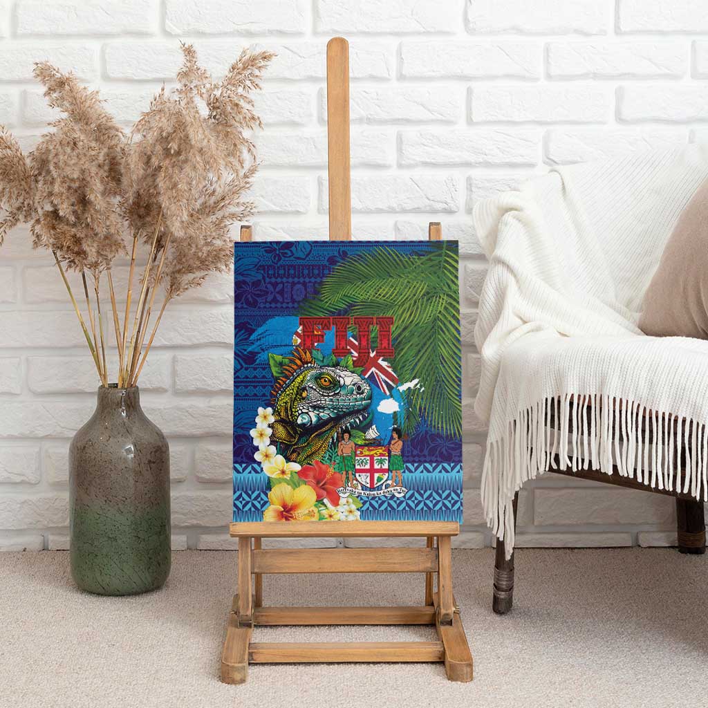 Fiji Iguana-Coat of Arms Canvas Wall Art with Hibiscus and Plumeria Palm Tree Tapa Art