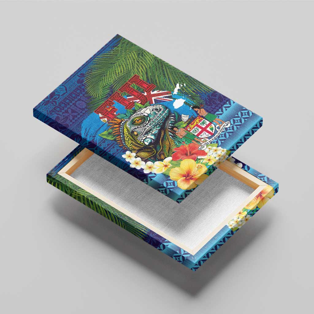 Fiji Iguana-Coat of Arms Canvas Wall Art with Hibiscus and Plumeria Palm Tree Tapa Art