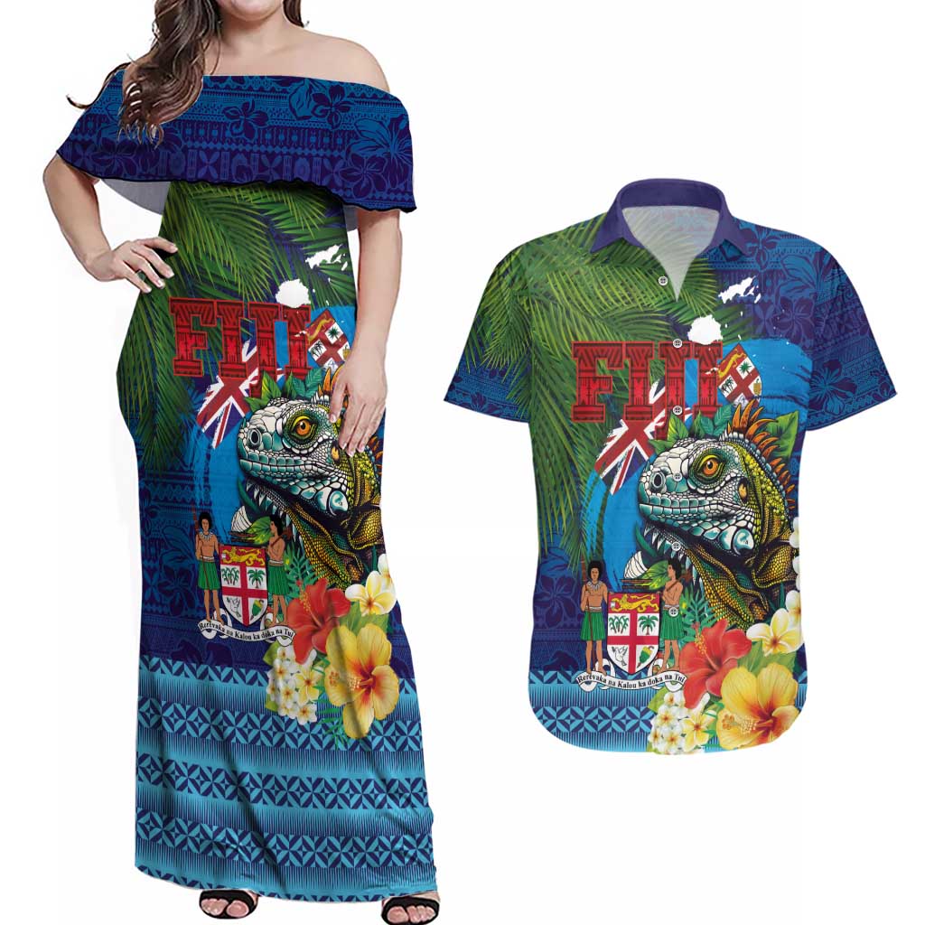 Fiji Iguana-Coat of Arms Couples Matching Off Shoulder Maxi Dress and Hawaiian Shirt with Hibiscus and Plumeria Palm Tree Tapa Art