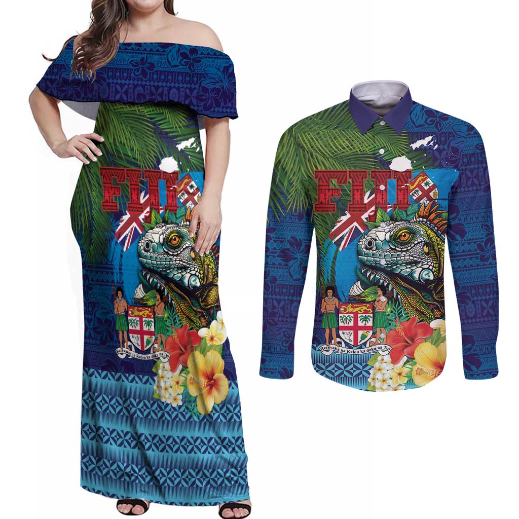 Fiji Iguana-Coat of Arms Couples Matching Off Shoulder Maxi Dress and Long Sleeve Button Shirt with Hibiscus and Plumeria Palm Tree Tapa Art