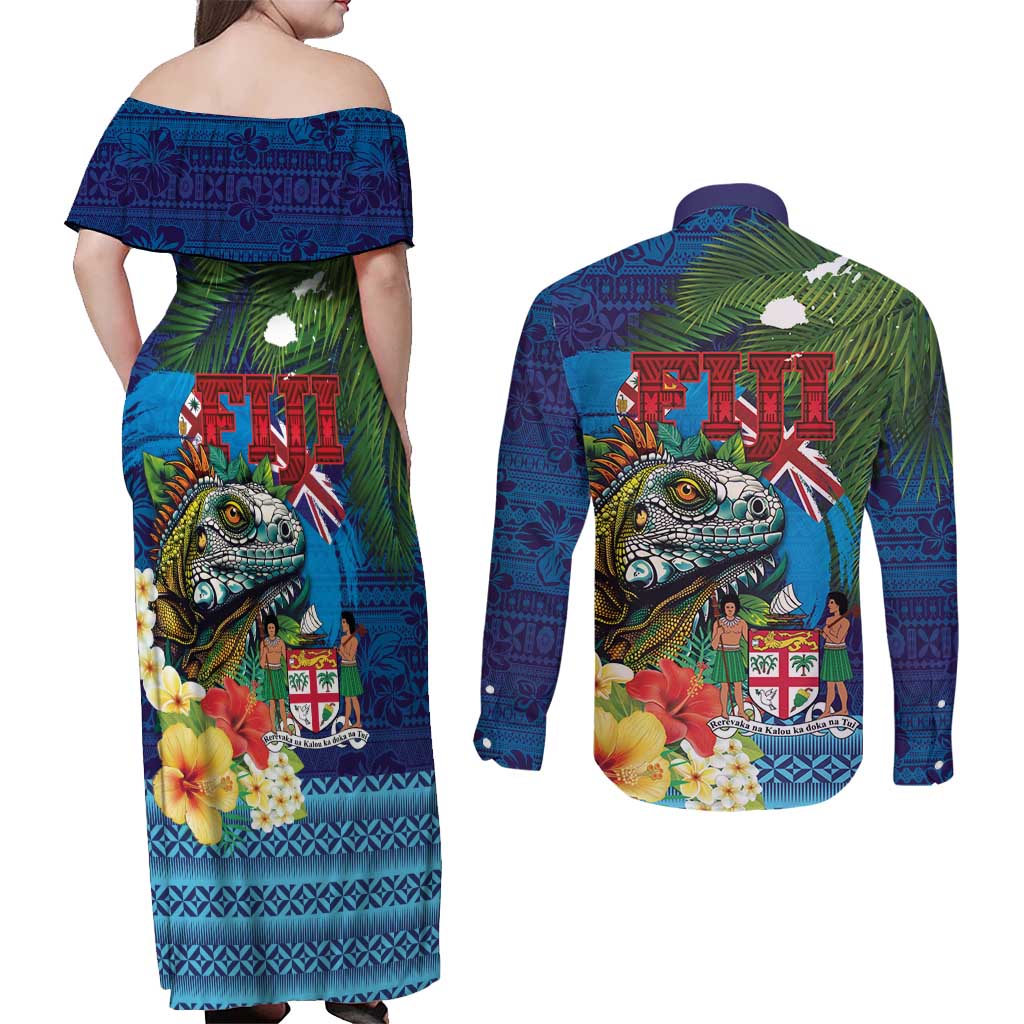 Fiji Iguana-Coat of Arms Couples Matching Off Shoulder Maxi Dress and Long Sleeve Button Shirt with Hibiscus and Plumeria Palm Tree Tapa Art