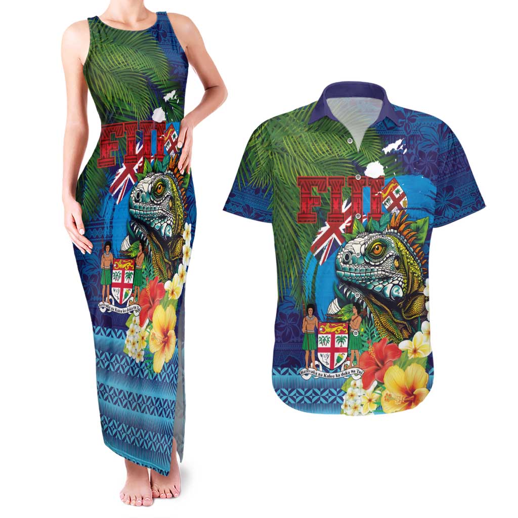 Fiji Iguana-Coat of Arms Couples Matching Tank Maxi Dress and Hawaiian Shirt with Hibiscus and Plumeria Palm Tree Tapa Art LT03 Blue - Polynesian Pride