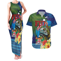 Fiji Iguana-Coat of Arms Couples Matching Tank Maxi Dress and Hawaiian Shirt with Hibiscus and Plumeria Palm Tree Tapa Art LT03 Blue - Polynesian Pride