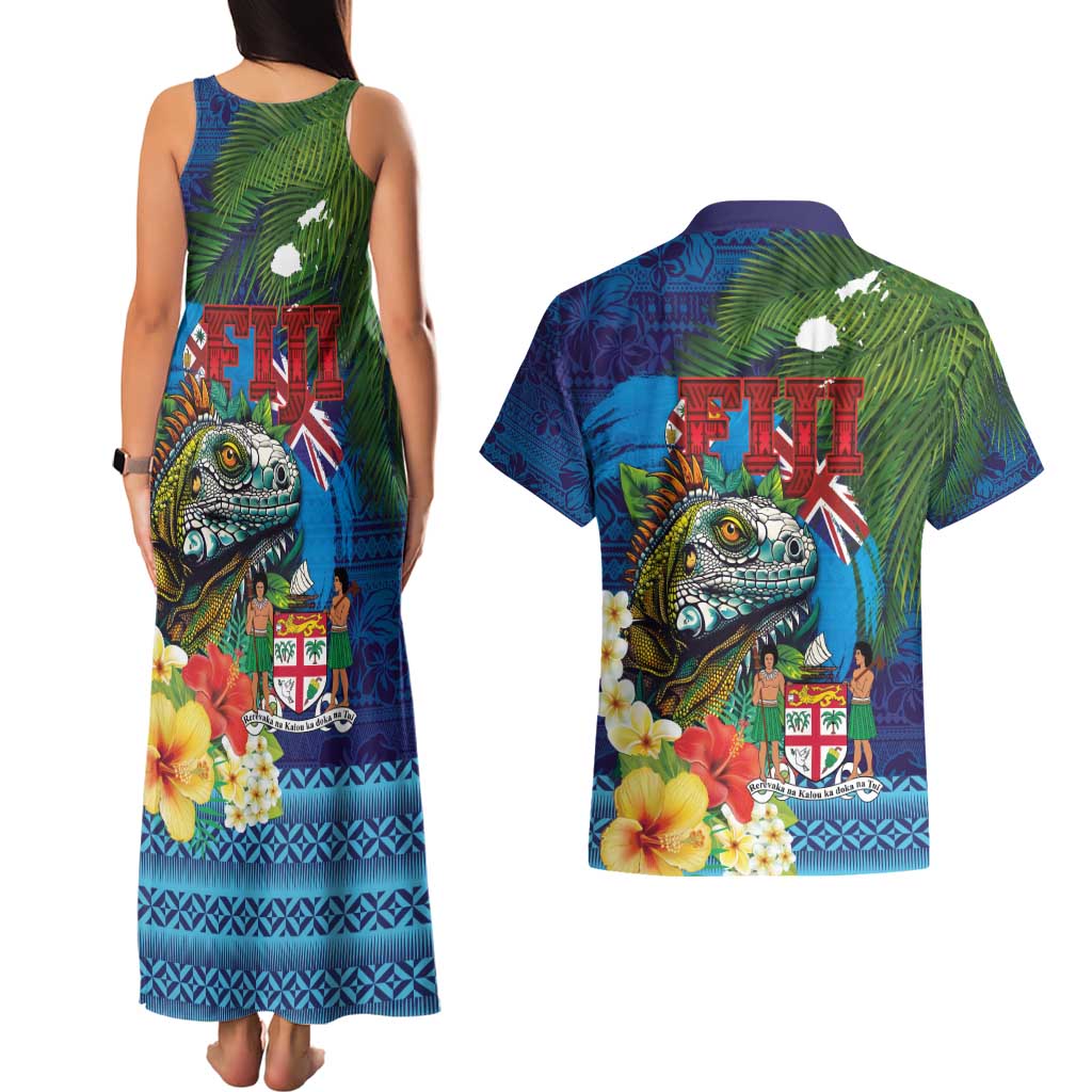 Fiji Iguana-Coat of Arms Couples Matching Tank Maxi Dress and Hawaiian Shirt with Hibiscus and Plumeria Palm Tree Tapa Art LT03 - Polynesian Pride