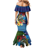 Fiji Iguana-Coat of Arms Family Matching Mermaid Dress and Hawaiian Shirt with Hibiscus and Plumeria Palm Tree Tapa Art