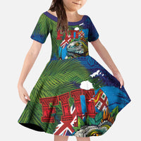 Fiji Iguana-Coat of Arms Family Matching Off The Shoulder Long Sleeve Dress and Hawaiian Shirt with Hibiscus and Plumeria Palm Tree Tapa Art
