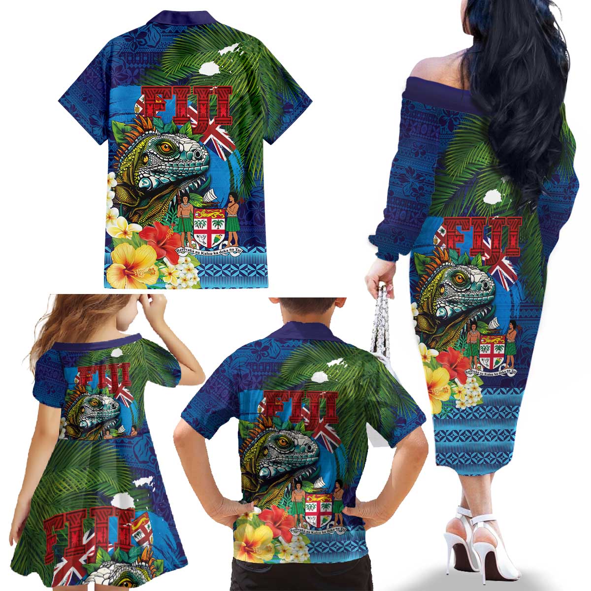 Fiji Iguana-Coat of Arms Family Matching Off The Shoulder Long Sleeve Dress and Hawaiian Shirt with Hibiscus and Plumeria Palm Tree Tapa Art