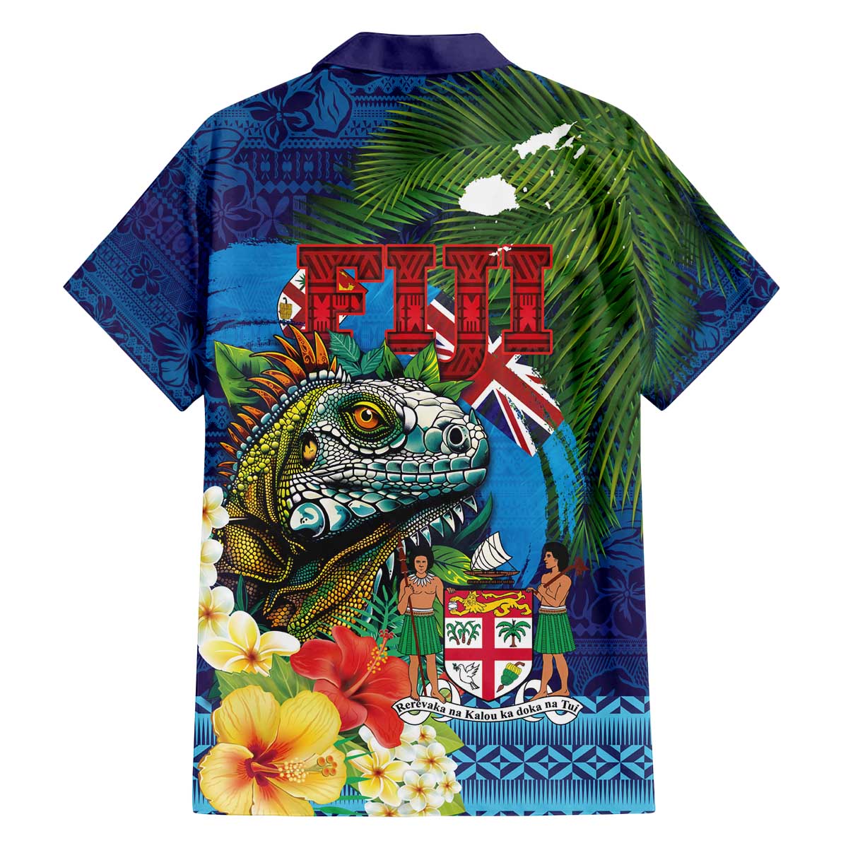 Fiji Iguana-Coat of Arms Family Matching Off The Shoulder Long Sleeve Dress and Hawaiian Shirt with Hibiscus and Plumeria Palm Tree Tapa Art