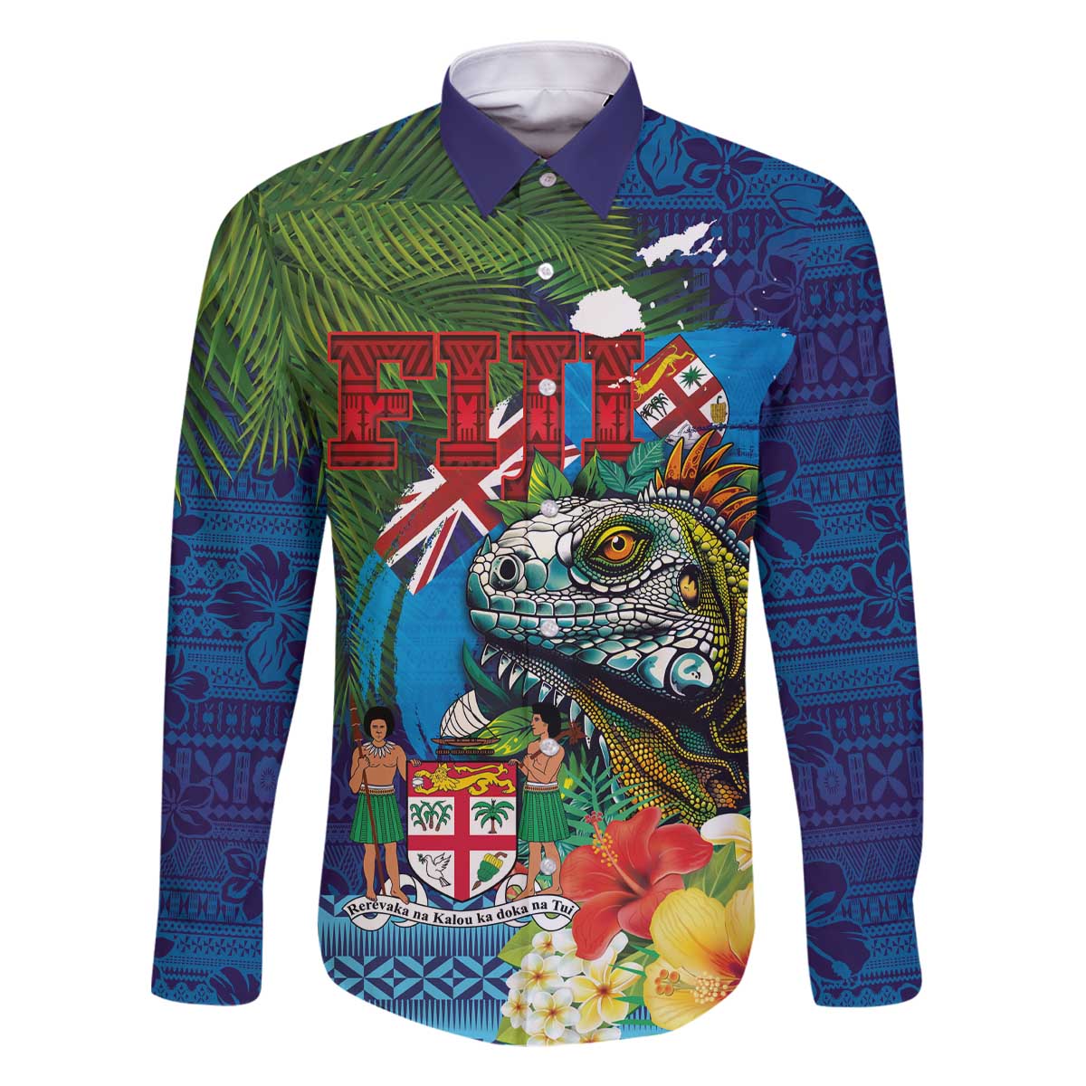 Fiji Iguana-Coat of Arms Family Matching Off The Shoulder Long Sleeve Dress and Hawaiian Shirt with Hibiscus and Plumeria Palm Tree Tapa Art