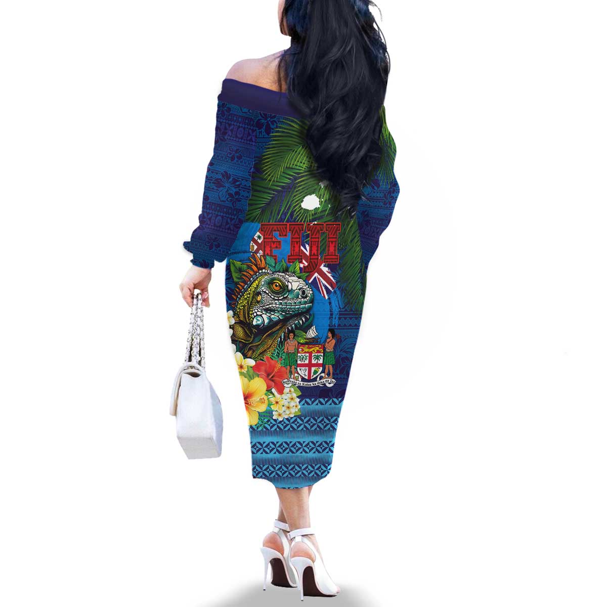 Fiji Iguana-Coat of Arms Family Matching Off The Shoulder Long Sleeve Dress and Hawaiian Shirt with Hibiscus and Plumeria Palm Tree Tapa Art