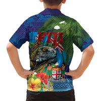Fiji Iguana-Coat of Arms Family Matching Off Shoulder Short Dress and Hawaiian Shirt with Hibiscus and Plumeria Palm Tree Tapa Art