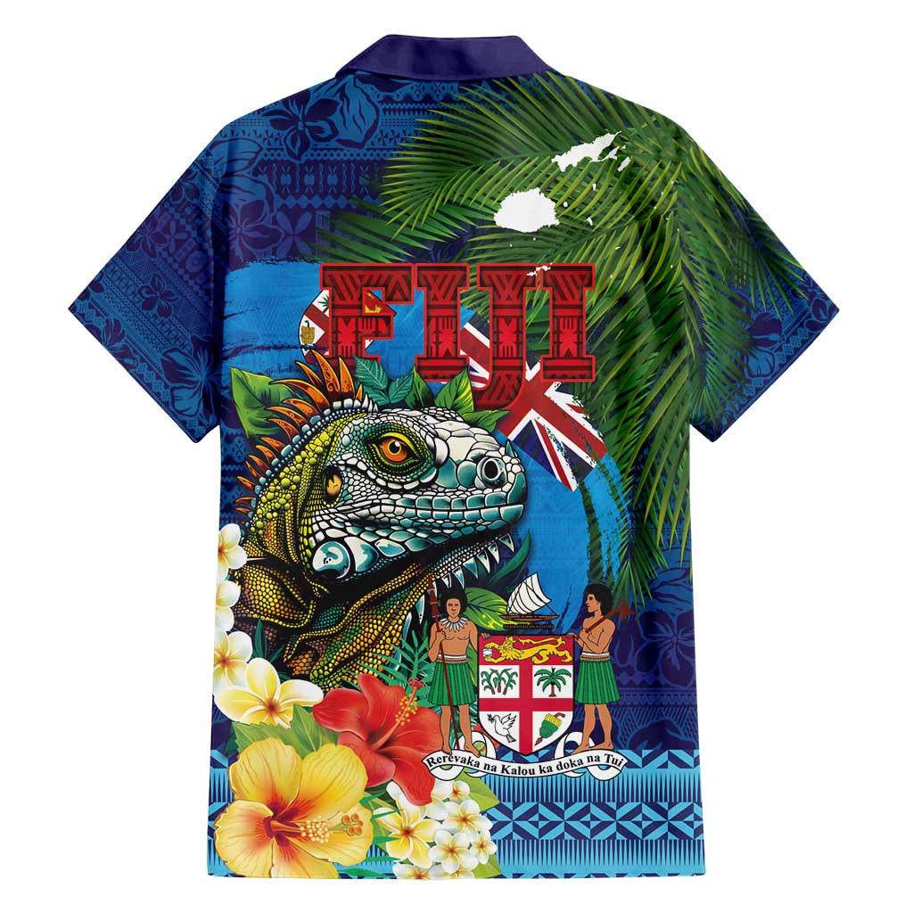 Fiji Iguana-Coat of Arms Family Matching Off Shoulder Short Dress and Hawaiian Shirt with Hibiscus and Plumeria Palm Tree Tapa Art