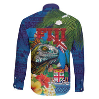 Fiji Iguana-Coat of Arms Family Matching Off Shoulder Short Dress and Hawaiian Shirt with Hibiscus and Plumeria Palm Tree Tapa Art