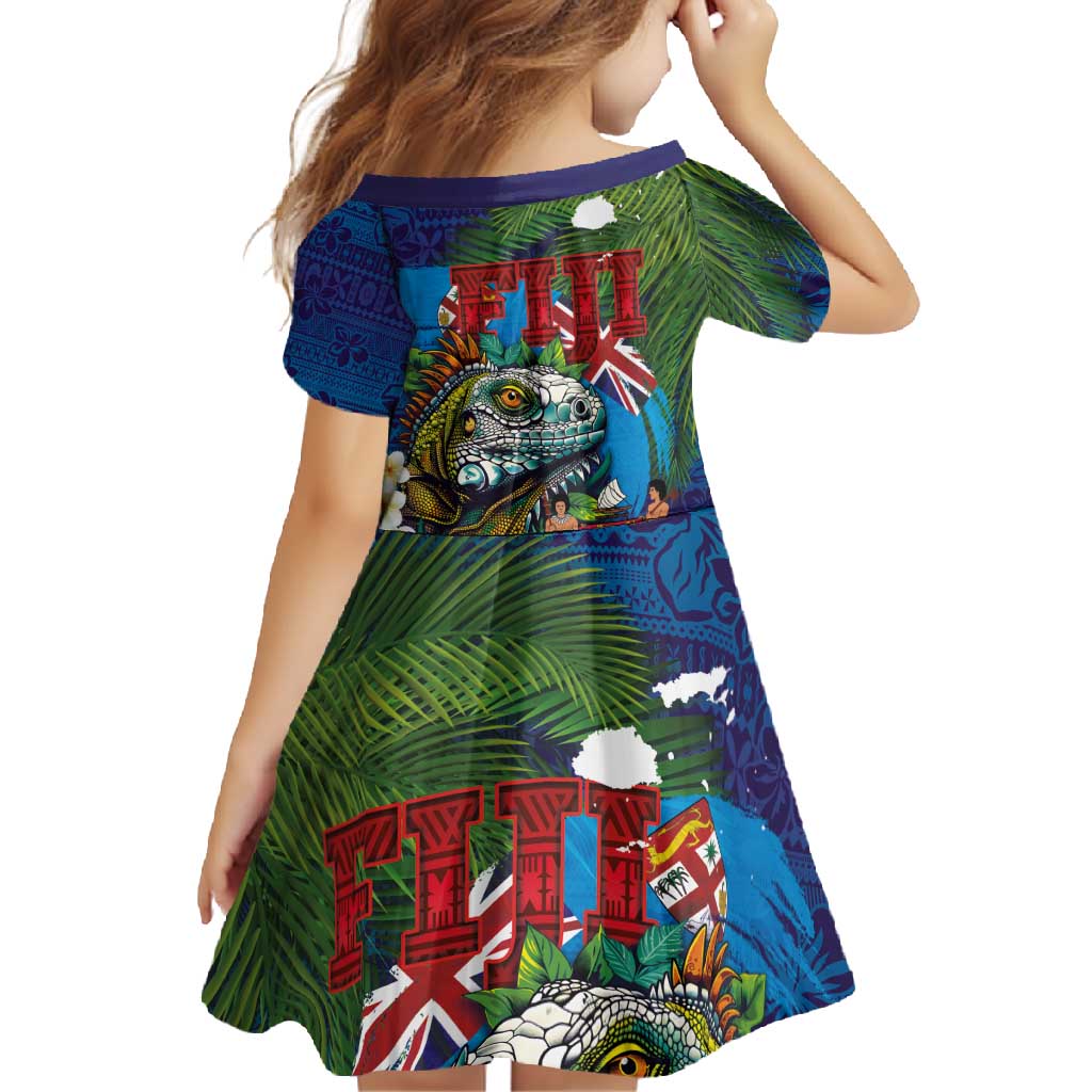 Fiji Iguana-Coat of Arms Family Matching Short Sleeve Bodycon Dress and Hawaiian Shirt with Hibiscus and Plumeria Palm Tree Tapa Art