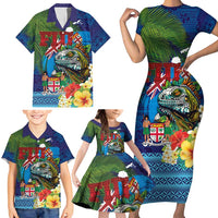 Fiji Iguana-Coat of Arms Family Matching Short Sleeve Bodycon Dress and Hawaiian Shirt with Hibiscus and Plumeria Palm Tree Tapa Art