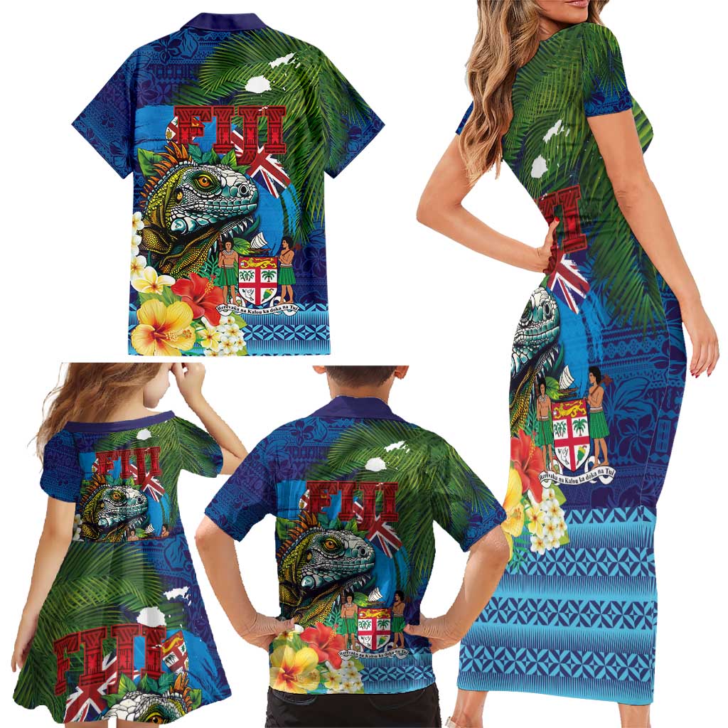Fiji Iguana-Coat of Arms Family Matching Short Sleeve Bodycon Dress and Hawaiian Shirt with Hibiscus and Plumeria Palm Tree Tapa Art