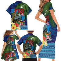 Fiji Iguana-Coat of Arms Family Matching Short Sleeve Bodycon Dress and Hawaiian Shirt with Hibiscus and Plumeria Palm Tree Tapa Art