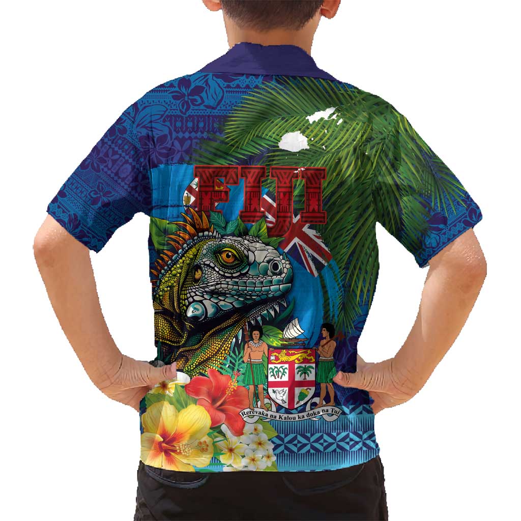 Fiji Iguana-Coat of Arms Family Matching Summer Maxi Dress and Hawaiian Shirt with Hibiscus and Plumeria Palm Tree Tapa Art