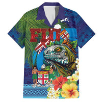 Fiji Iguana-Coat of Arms Family Matching Summer Maxi Dress and Hawaiian Shirt with Hibiscus and Plumeria Palm Tree Tapa Art