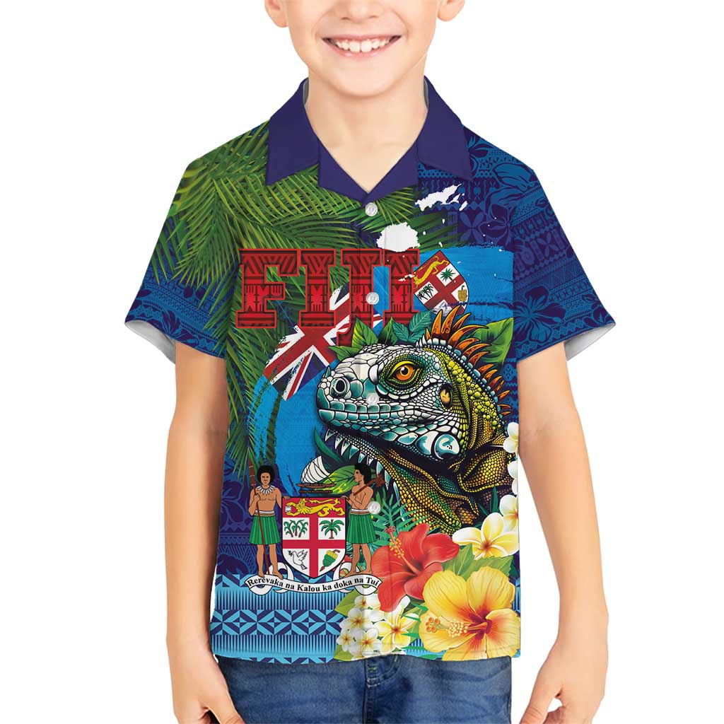 Fiji Iguana-Coat of Arms Family Matching Tank Maxi Dress and Hawaiian Shirt with Hibiscus and Plumeria Palm Tree Tapa Art