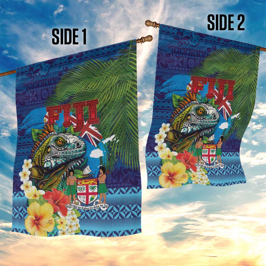 Fiji Iguana-Coat of Arms Garden Flag with Hibiscus and Plumeria Palm Tree Tapa Art