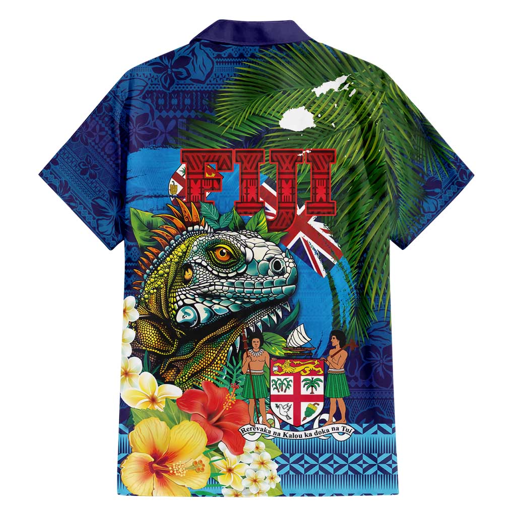 Fiji Iguana-Coat of Arms Hawaiian Shirt with Hibiscus and Plumeria Palm Tree Tapa Art