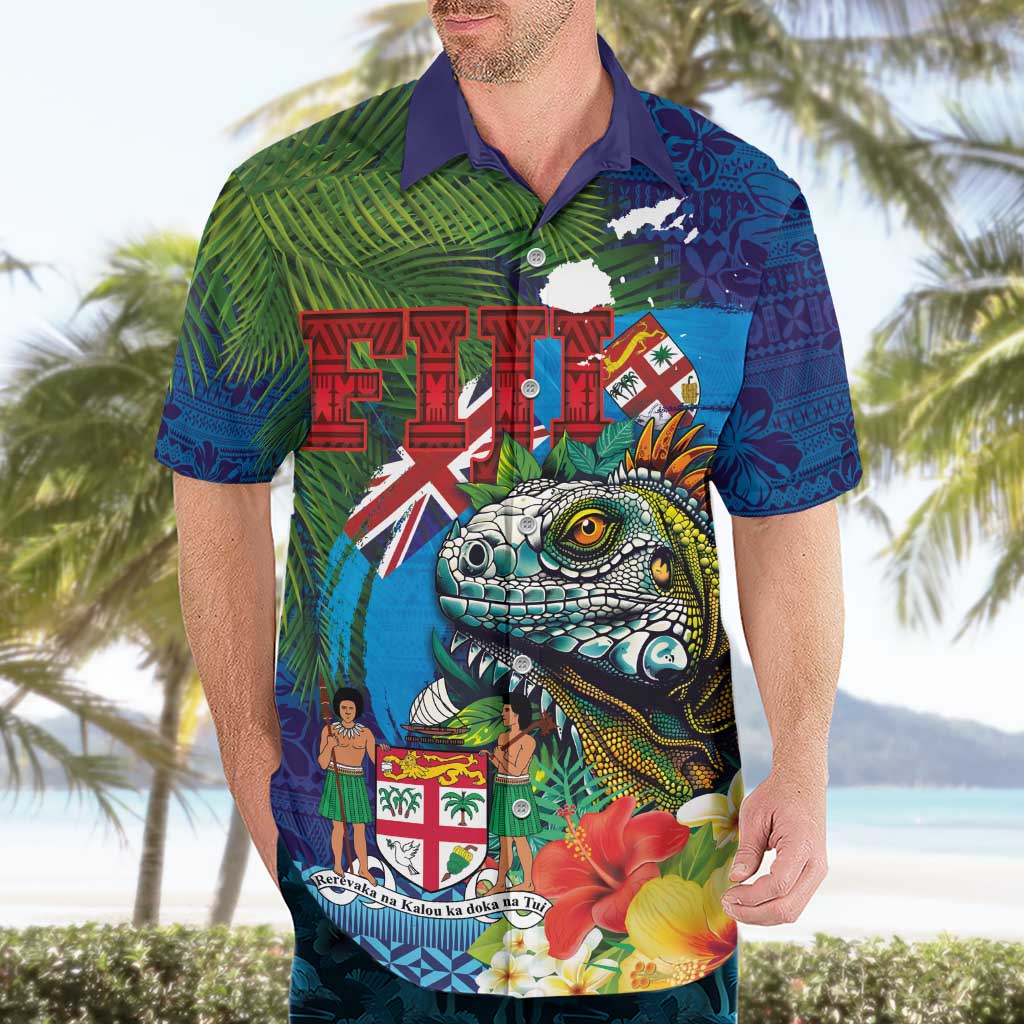 Fiji Iguana-Coat of Arms Hawaiian Shirt with Hibiscus and Plumeria Palm Tree Tapa Art