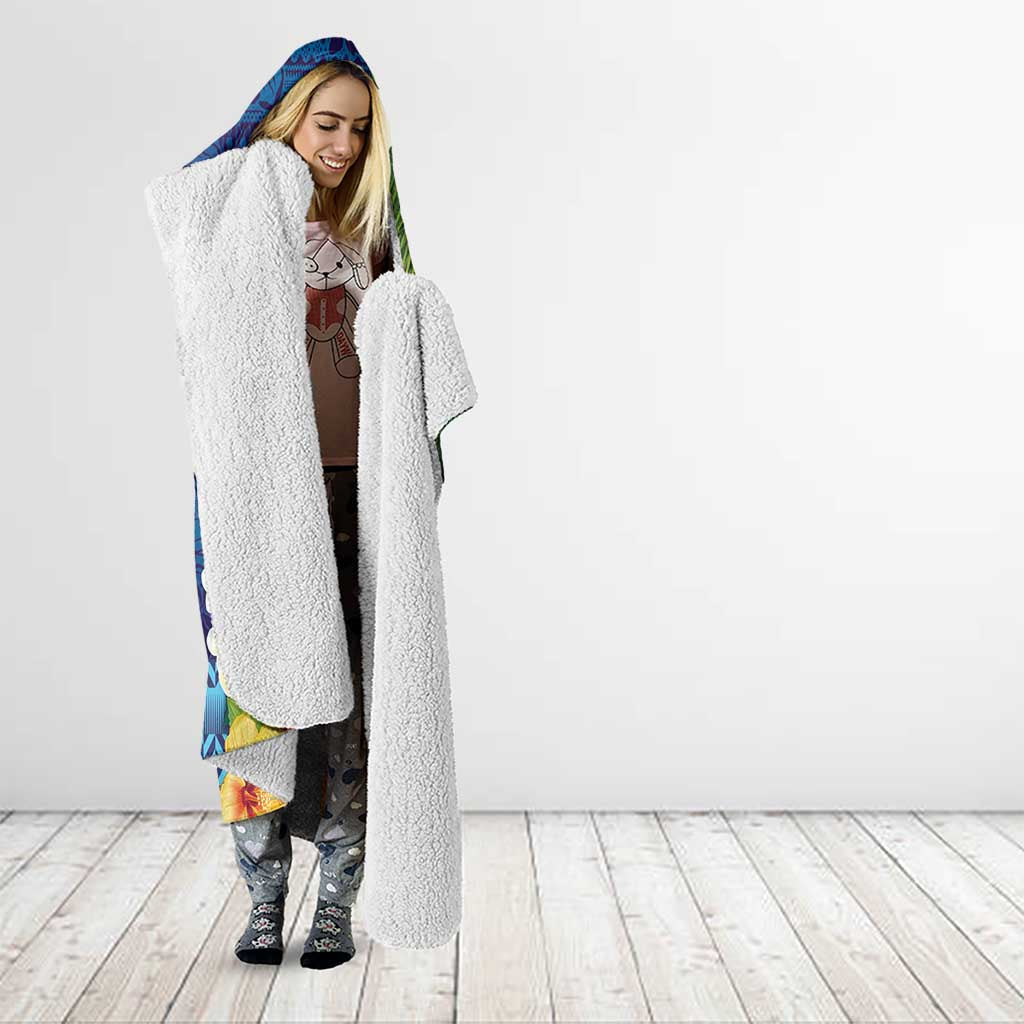 Fiji Iguana-Coat of Arms Hooded Blanket with Hibiscus and Plumeria Palm Tree Tapa Art
