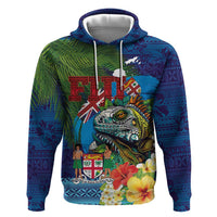 Fiji Iguana-Coat of Arms Hoodie with Hibiscus and Plumeria Palm Tree Tapa Art