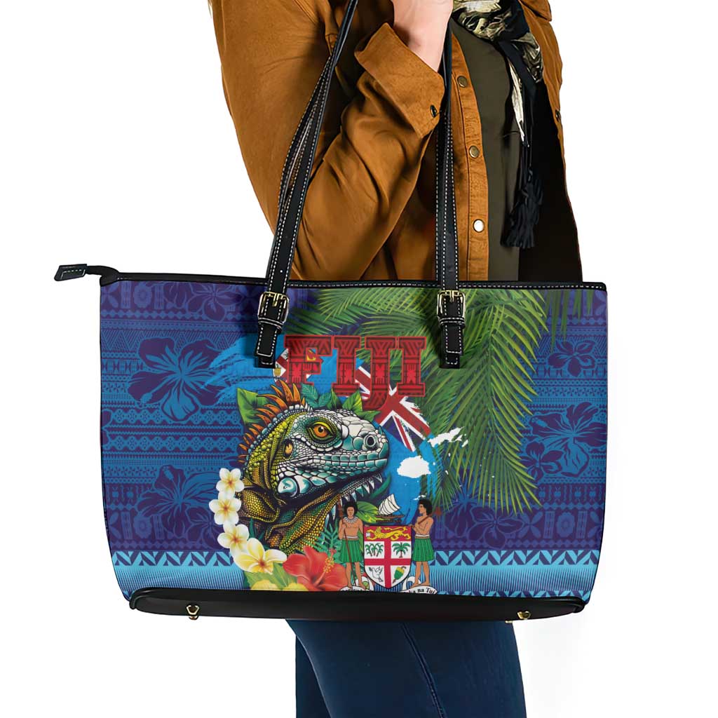 Fiji Iguana-Coat of Arms Leather Tote Bag with Hibiscus and Plumeria Palm Tree Tapa Art