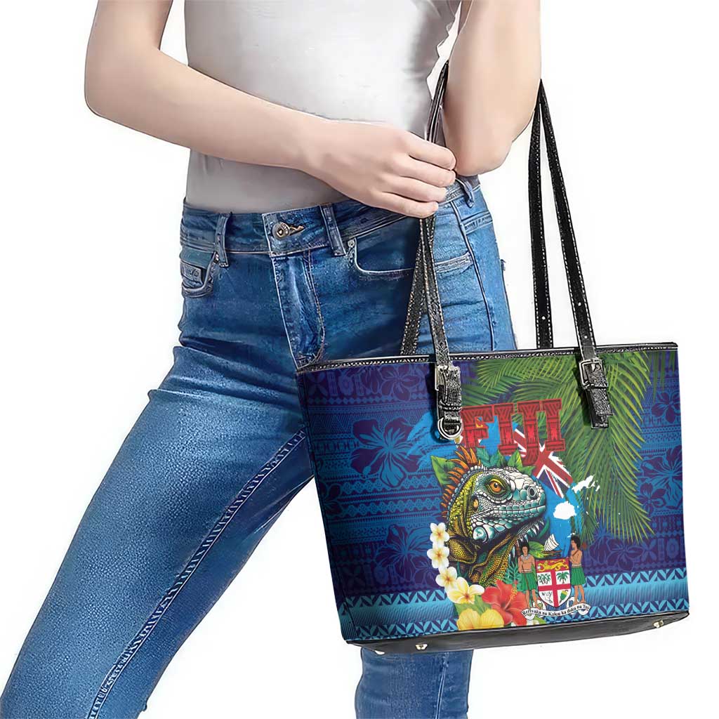 Fiji Iguana-Coat of Arms Leather Tote Bag with Hibiscus and Plumeria Palm Tree Tapa Art