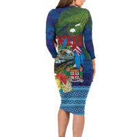 Fiji Iguana-Coat of Arms Long Sleeve Bodycon Dress with Hibiscus and Plumeria Palm Tree Tapa Art