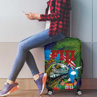 Fiji Iguana-Coat of Arms Luggage Cover with Hibiscus and Plumeria Palm Tree Tapa Art