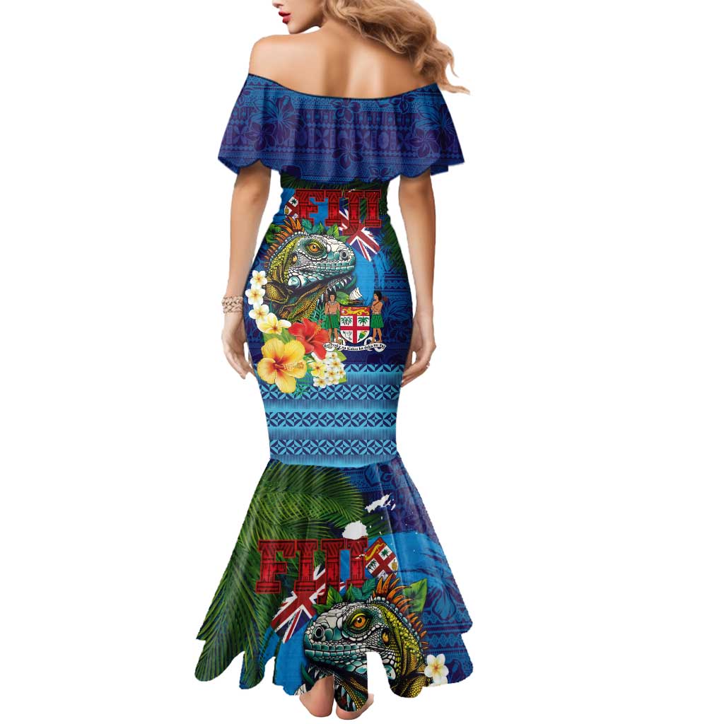 Fiji Iguana-Coat of Arms Mermaid Dress with Hibiscus and Plumeria Palm Tree Tapa Art