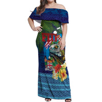 Fiji Iguana-Coat of Arms Off Shoulder Maxi Dress with Hibiscus and Plumeria Palm Tree Tapa Art