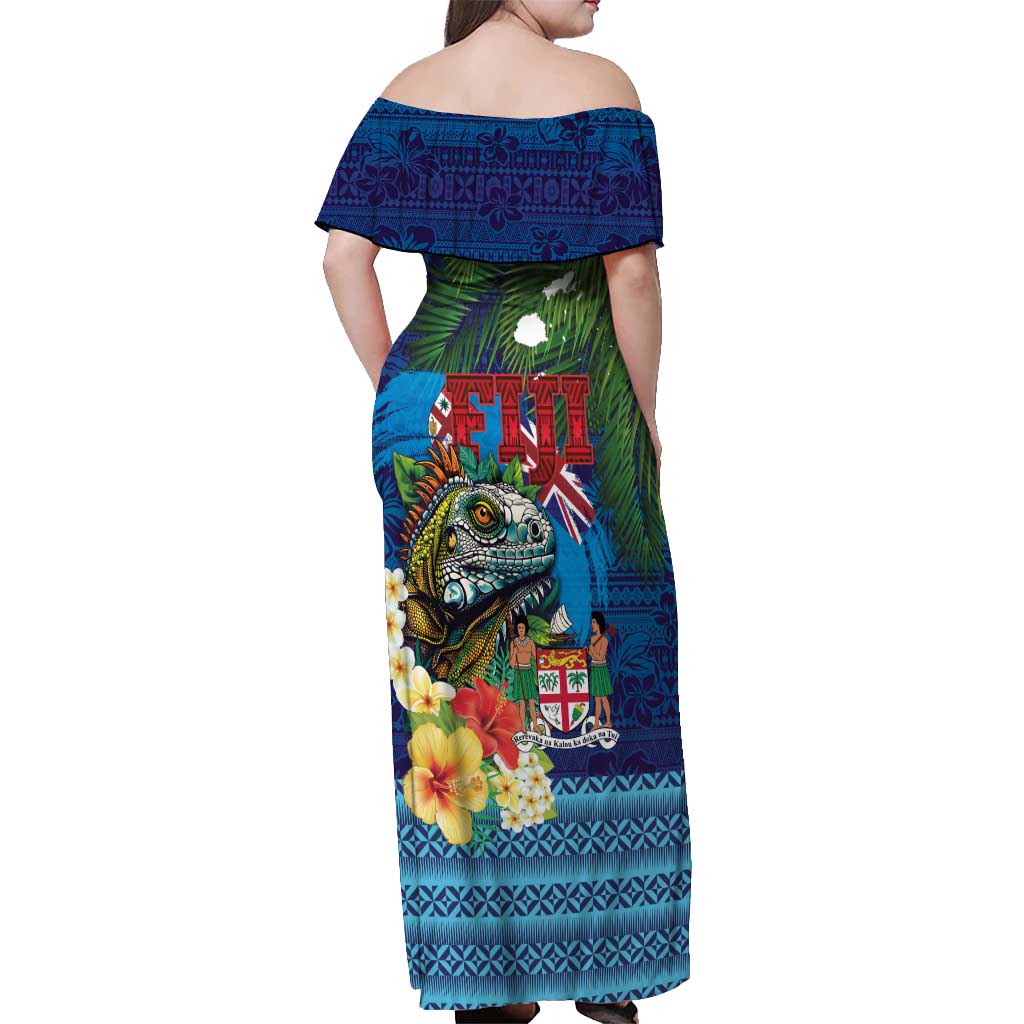 Fiji Iguana-Coat of Arms Off Shoulder Maxi Dress with Hibiscus and Plumeria Palm Tree Tapa Art