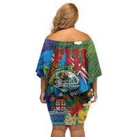 Fiji Iguana-Coat of Arms Off Shoulder Short Dress with Hibiscus and Plumeria Palm Tree Tapa Art