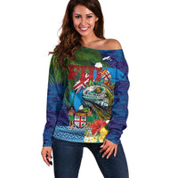 Fiji Iguana-Coat of Arms Off Shoulder Sweater with Hibiscus and Plumeria Palm Tree Tapa Art